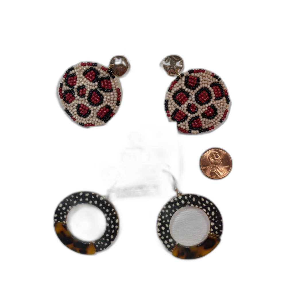 2 Pair Mob Wife Statement Earrings Faux Tortoiseshell Beaded Leopard New On Card